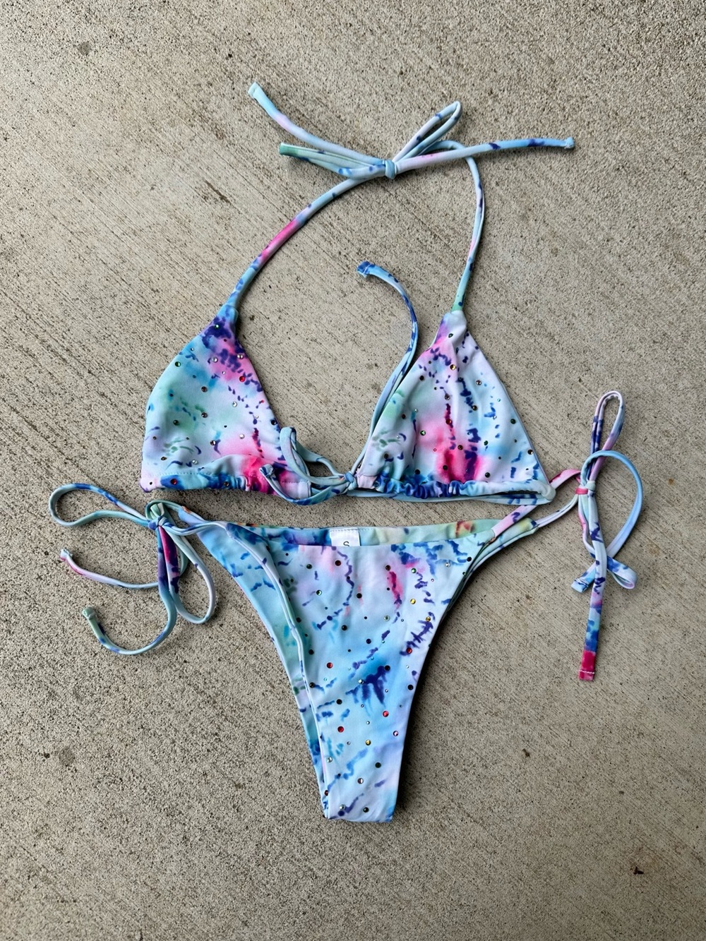 Rhinestone Tie-Dye String Bikini